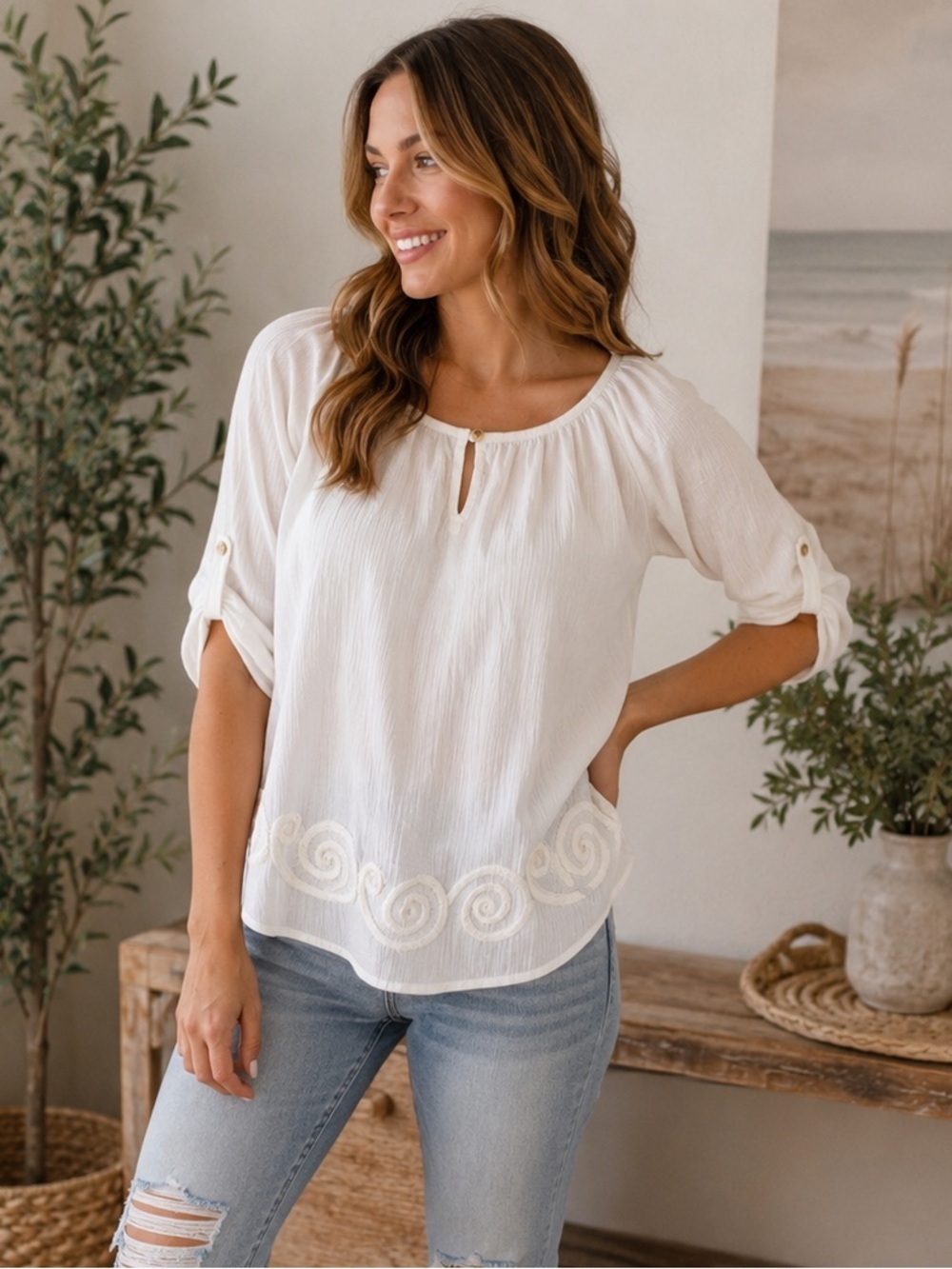 Vintage 90’s Lucky Brand White Breezy Cotton Embroidered Blouse Size Small